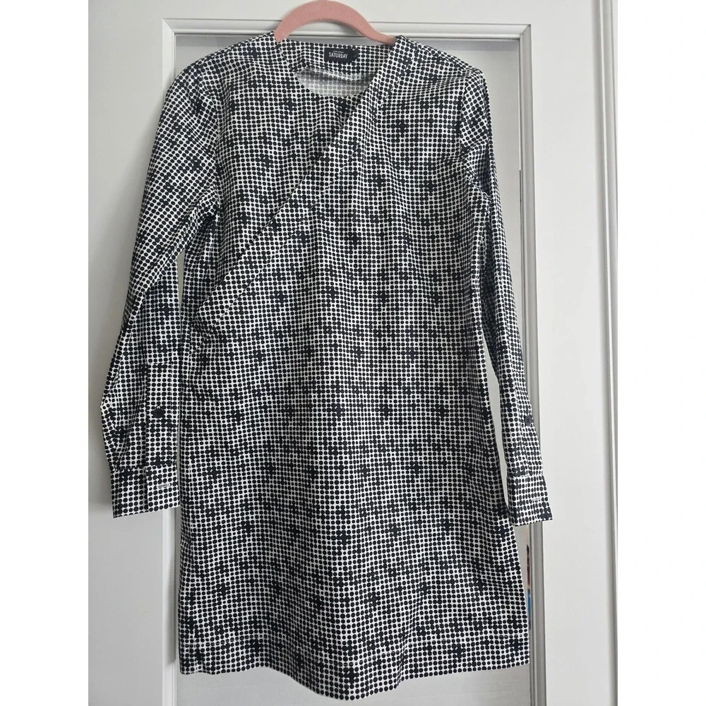 Kate Spade Saturday Black White Polka Dot Print Cotton‎ Long Sleeve Dress Small
